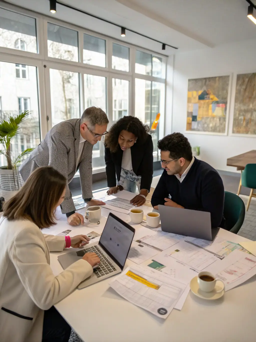 A team of consultants collaborating around a table, reviewing documents and discussing business transformation strategies, symbolizing Business Transformation.