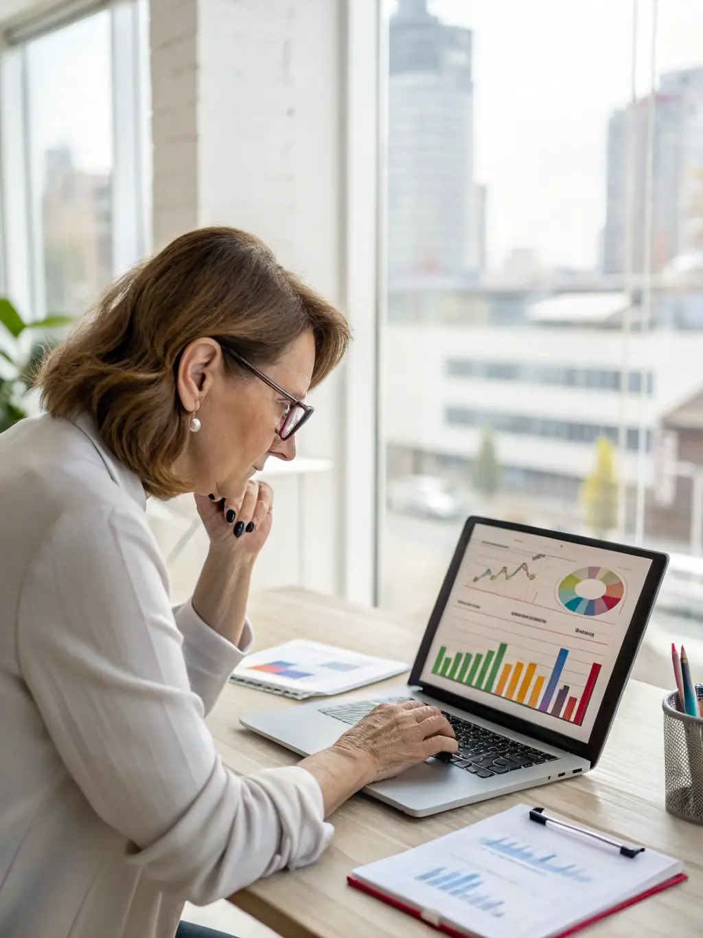 A professional consultant in a modern office setting, analyzing data on a laptop with a focused expression, representing Growth Strategy Consulting.
