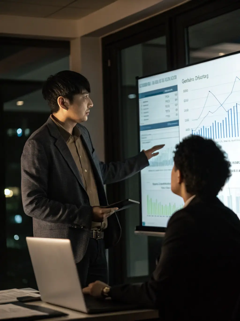 A consultant presenting a strategic roadmap to a client, highlighting key milestones and growth projections, representing Strategic Roadmapping.